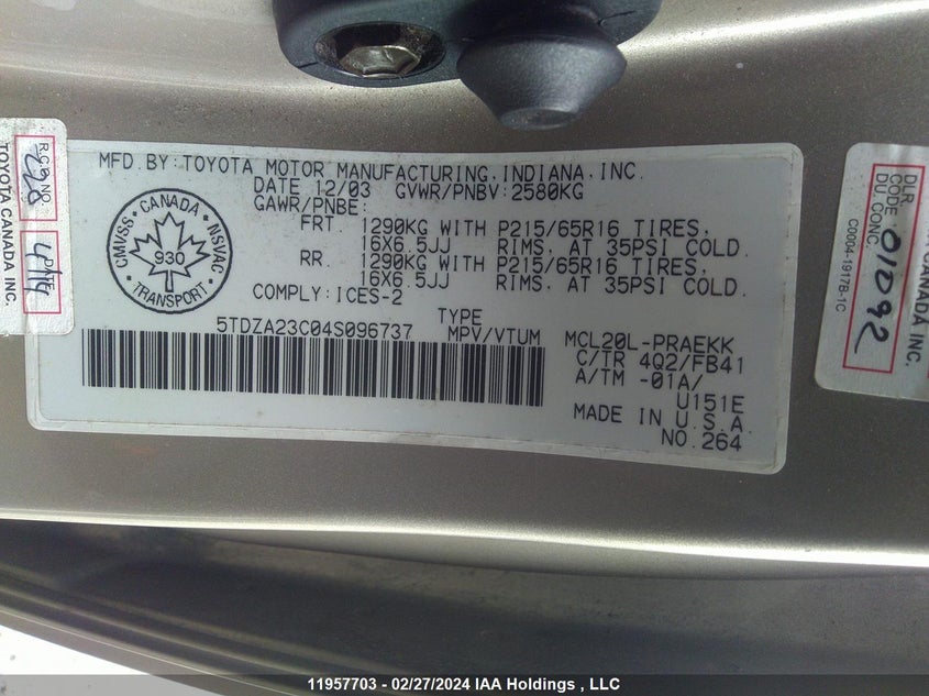 2004 Toyota Sienna Ce/Le VIN: 5TDZA23C04S096737 Lot: 11957703