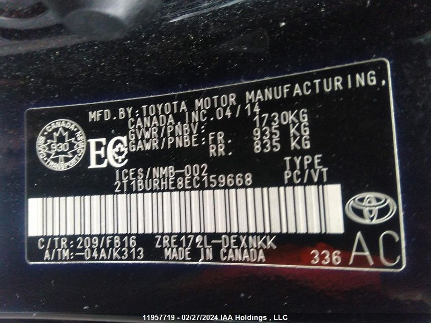 2014 Toyota Corolla L/Le/Le Pls/Prm/S/S Pls VIN: 2T1BURHE8EC159668 Lot: 11957719