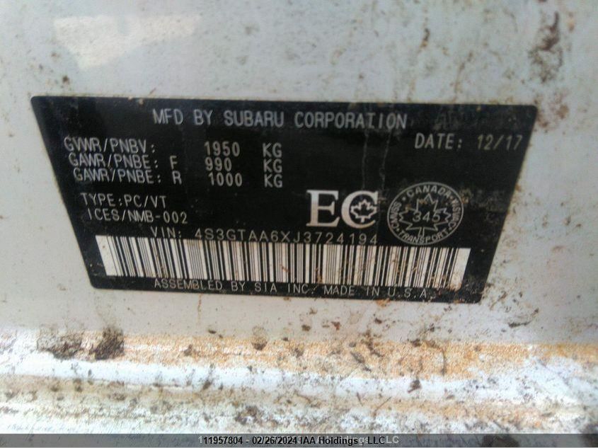 2018 Subaru Impreza VIN: 4S3GTAA6XJ3724194 Lot: 11957804