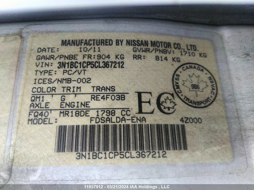 2012 Nissan Versa VIN: 3N1BC1CP5CL367212 Lot: 11957912