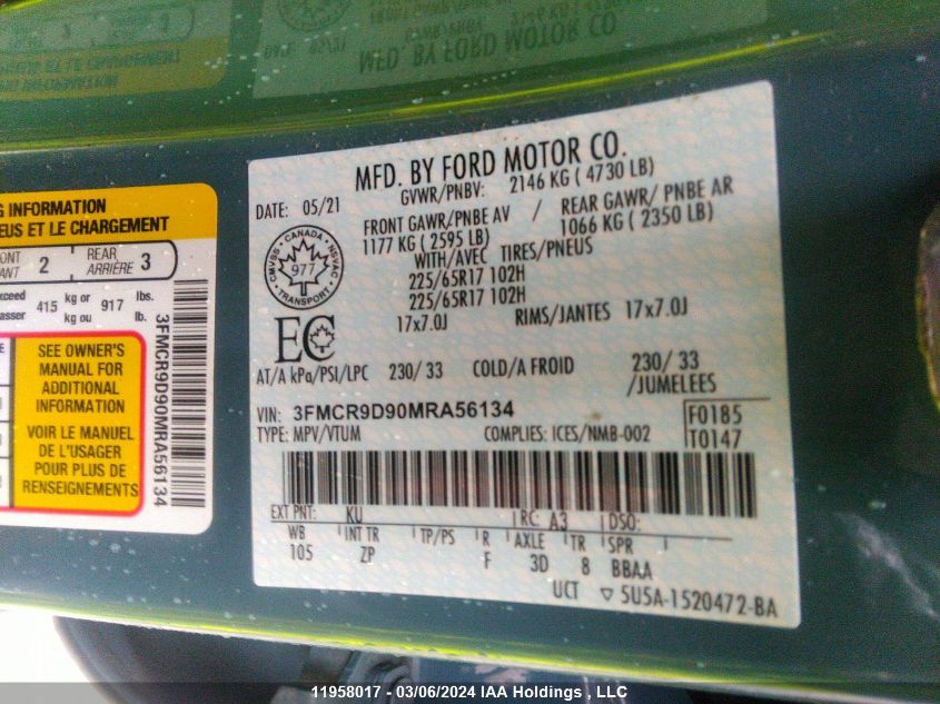 2021 Ford Bronco Sport Badlands VIN: 3FMCR9D90MRA56134 Lot: 11958017