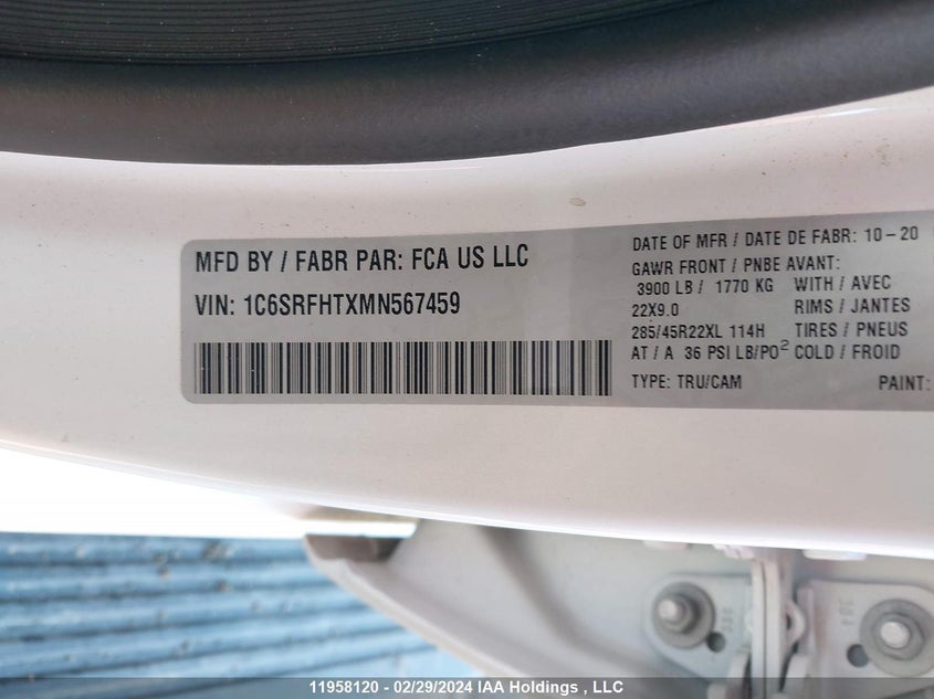 2021 Dodge Ram 1500 VIN: 1C6SRFHTXMN567459 Lot: 11958120