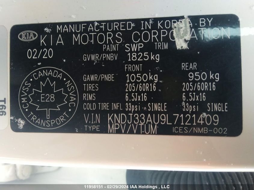 2020 Kia Soul Ex VIN: KNDJ33AU9L7121409 Lot: 11958151