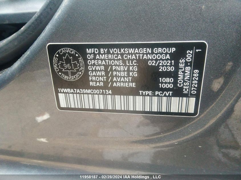 2021 Volkswagen Passat Highline VIN: 1VWBA7A39MC007134 Lot: 11958187