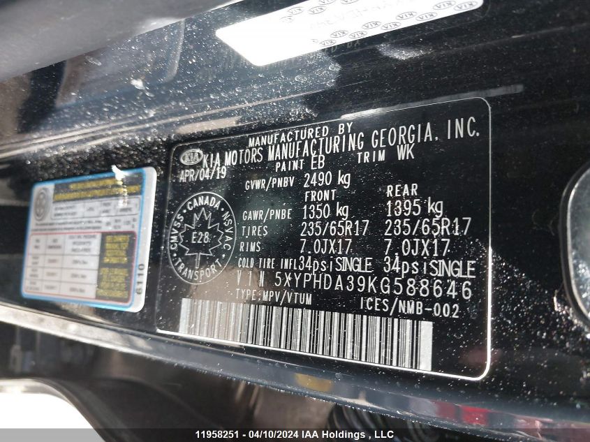 2019 Kia Sorento VIN: 5XYPHDA39KG588646 Lot: 11958251