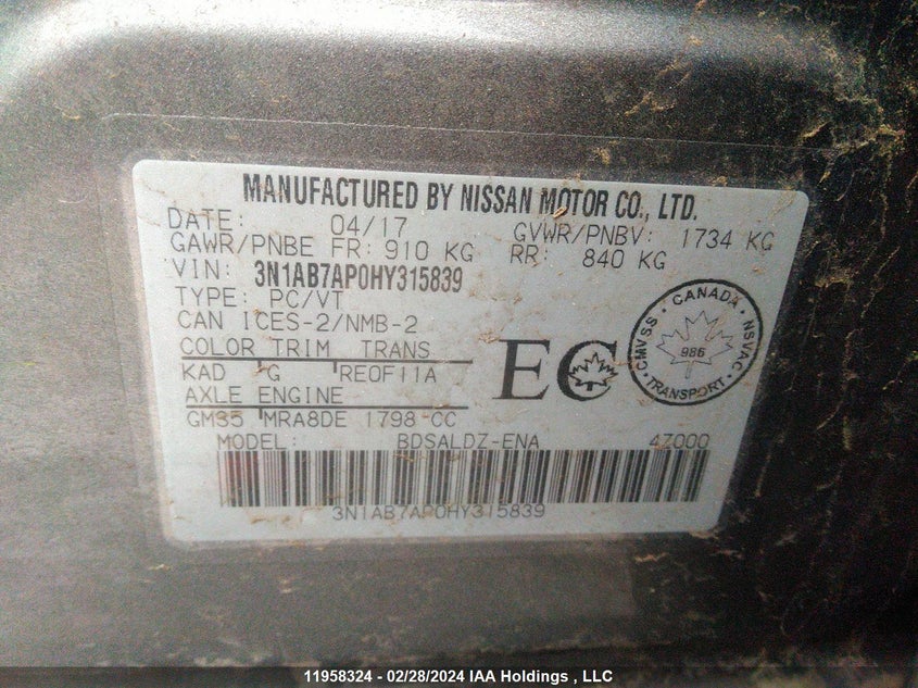 2017 Nissan Sentra VIN: 3N1AB7AP0HY315839 Lot: 11958324