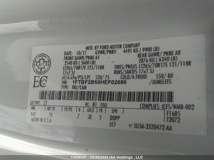 2017 Ford F-250 Xl VIN: 1FTBF2B60HEF02686 Lot: 11958341