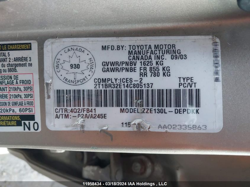 2004 Toyota Corolla Ce/Le/S VIN: 2T1BR32E14C805137 Lot: 39240895