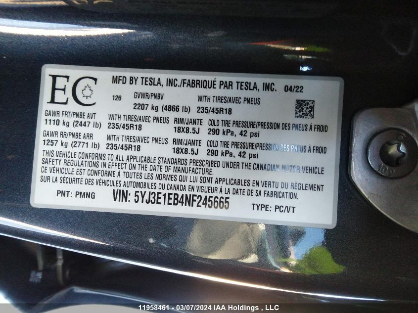 2022 Tesla Model 3 VIN: 5YJ3E1EB4NF245665 Lot: 11958461