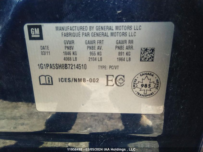 2011 Chevrolet Cruze VIN: 1G1PA5SH8B7214510 Lot: 39236500