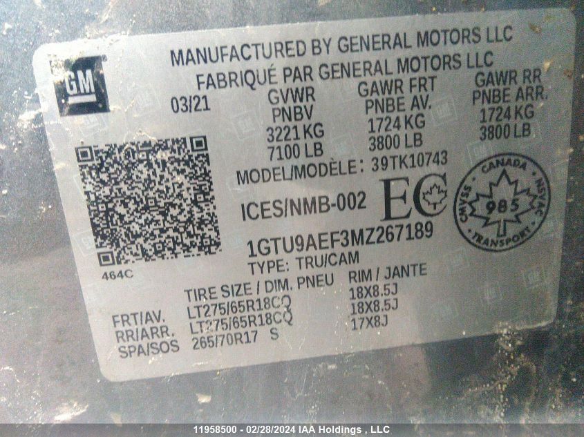 2021 GMC Sierra 1500 VIN: 1GTU9AEF3MZ267189 Lot: 11958500