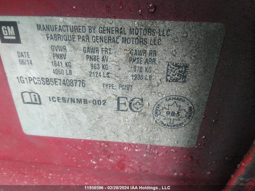 2014 Chevrolet Cruze VIN: 1G1PC5SB5E7408776 Lot: 11958596