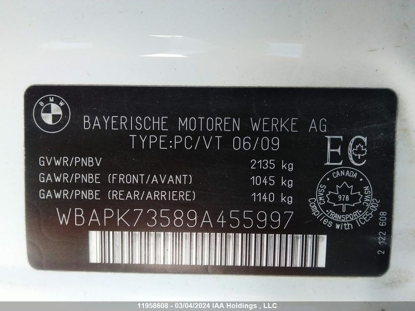 2009 BMW 328 Xi VIN: WBAPK73589A455997 Lot: 11958608