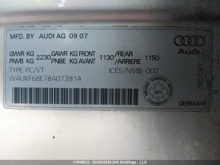 2008 Audi A4 VIN: WAUKF68E78A073914 Lot: 11958612