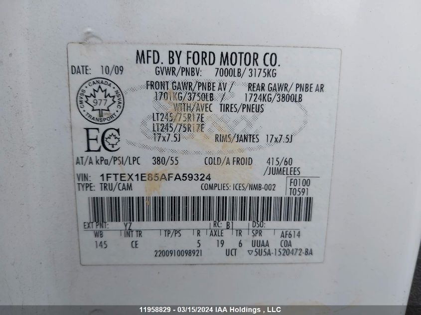 2010 Ford F-150 VIN: 1FTEX1E85AFA59324 Lot: 11958829