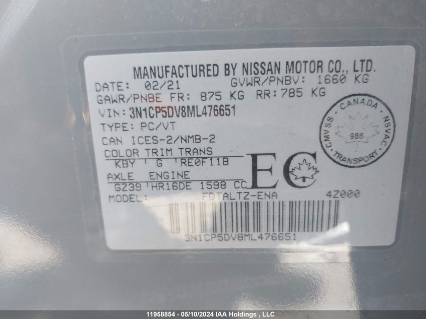 2021 Nissan Kicks VIN: 3N1CP5DV8ML476651 Lot: 11958854