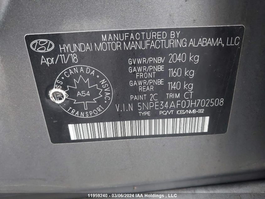 2018 Hyundai Sonata Sport/Limited VIN: 5NPE34AF0JH702508 Lot: 11959240