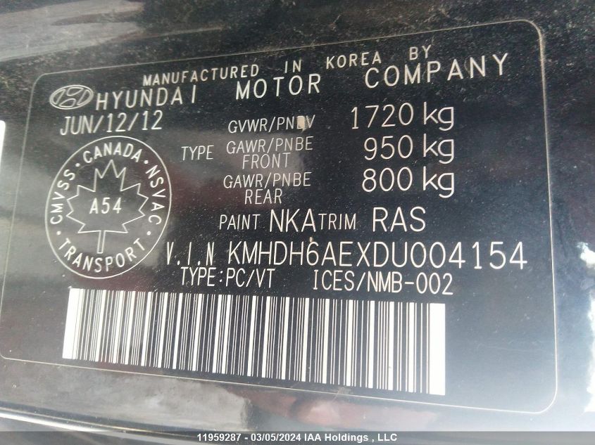 2013 Hyundai Elantra VIN: KMHDH6AEXDU004154 Lot: 39236537