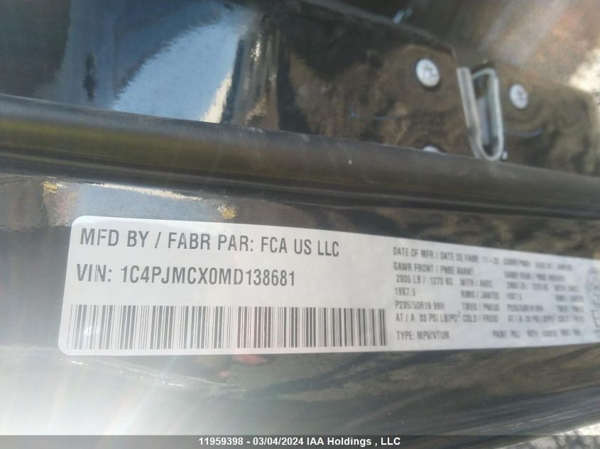 2021 Jeep Cherokee VIN: 1C4PJMCX0MD138681 Lot: 11959398