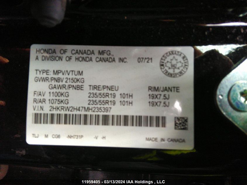 2021 Honda Cr-V Sport VIN: 2HKRW2H47MH235397 Lot: 11959405