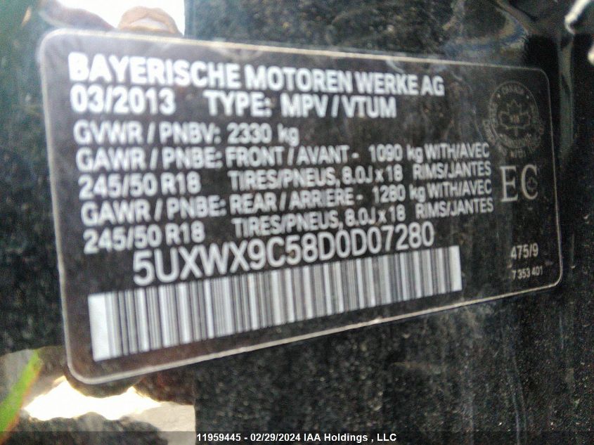 2013 BMW X3 VIN: 5UXWX9C58D0D07280 Lot: 11959445