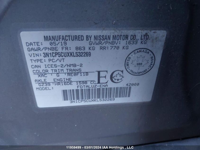 2019 Nissan Kicks VIN: 3N1CP5CUXKL532269 Lot: 11959499
