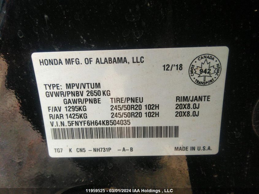 2019 Honda Pilot VIN: 5FNYF6H64KB504035 Lot: 11959525