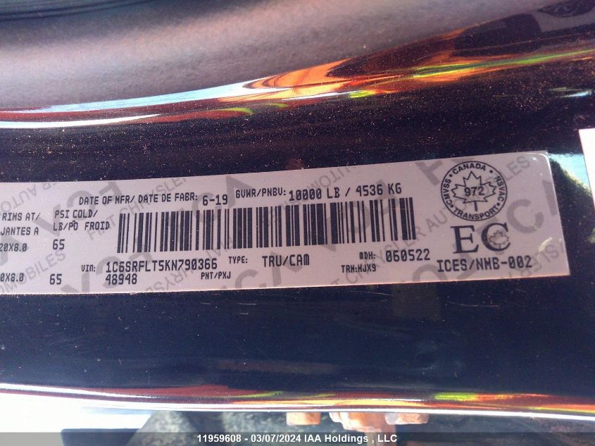 2019 Ram 1500 Rebel VIN: 1C6SRFLT5KN790304 Lot: 11959608