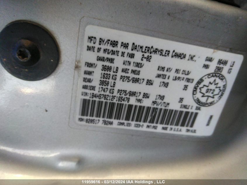 2002 Dodge Durango VIN: 1B4HS78Z12F165478 Lot: 11959616