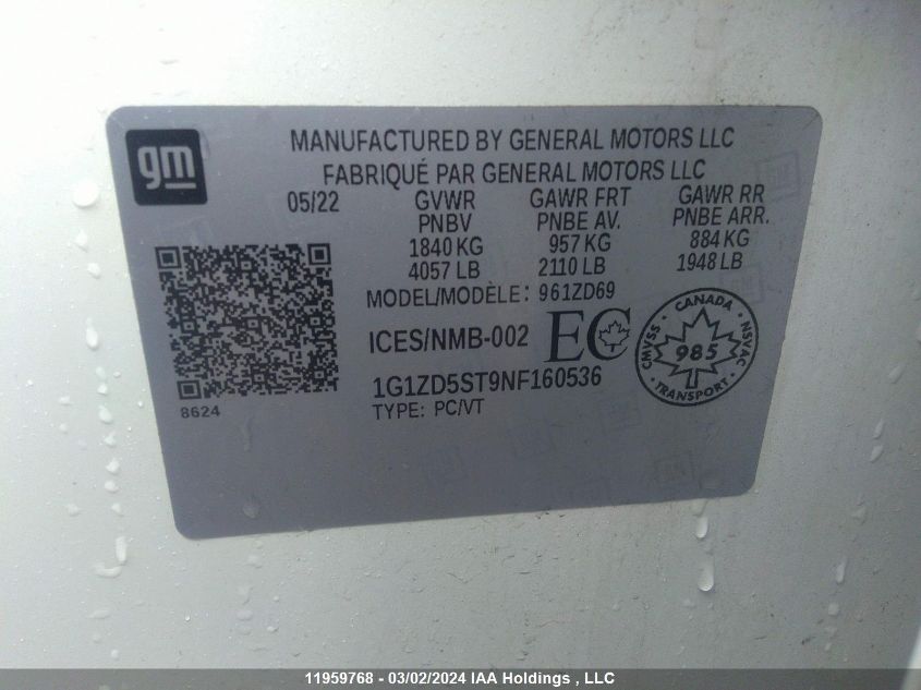 2022 Chevrolet Malibu VIN: 1G1ZD5ST9NF160536 Lot: 11959768