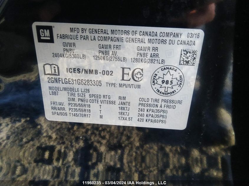 2016 Chevrolet Equinox Ltz VIN: 2GNFLGE31G6283305 Lot: 11960235