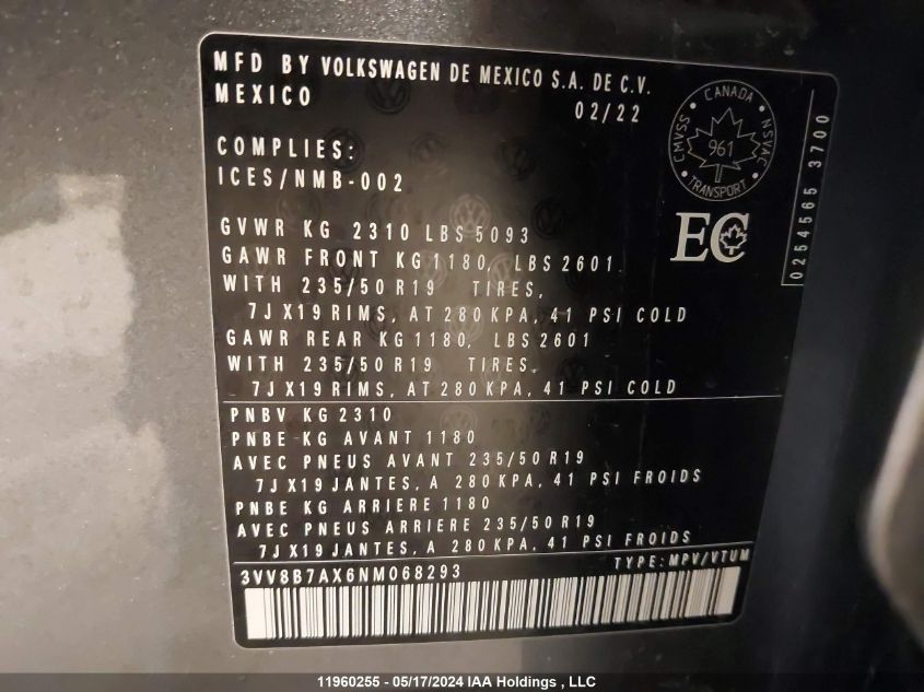 2022 Volkswagen Tiguan Se R-Line Black VIN: 3VV8B7AX6NM068293 Lot: 11960255