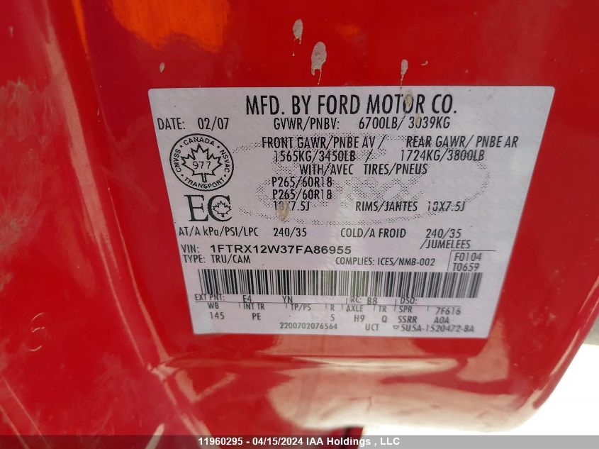 2007 Ford F150 VIN: 1FTRX12W37FA86955 Lot: 11960295