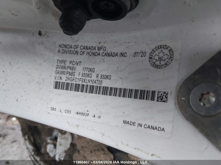 2020 Honda Civic Sedan VIN: 2HGFC1F9XLH104705 Lot: 11960407