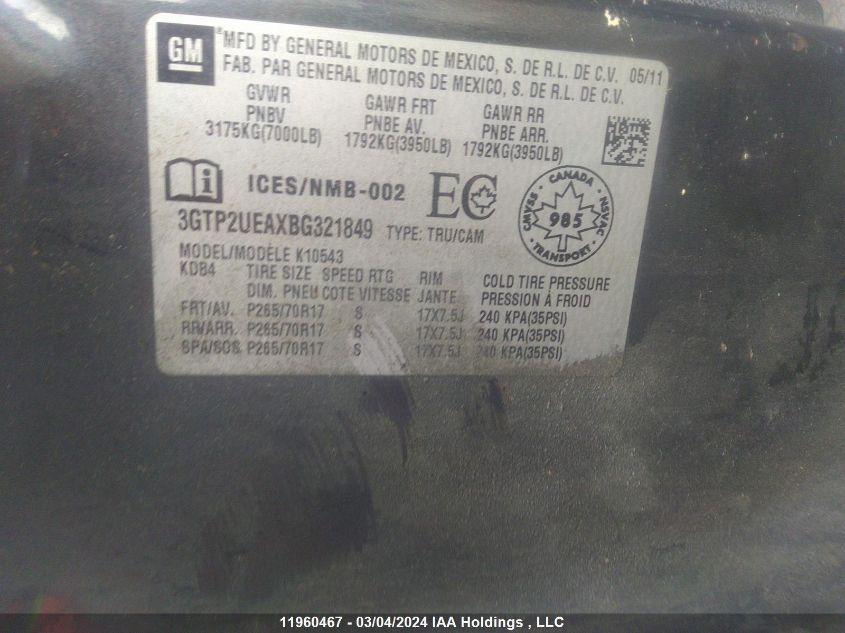 2011 GMC Sierra 1500 VIN: 3GTP2UEAXBG321849 Lot: 11960467