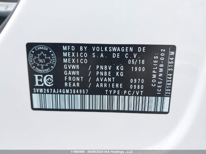 2016 Volkswagen Jetta VIN: 3VW267AJ4GM384957 Lot: 11960498