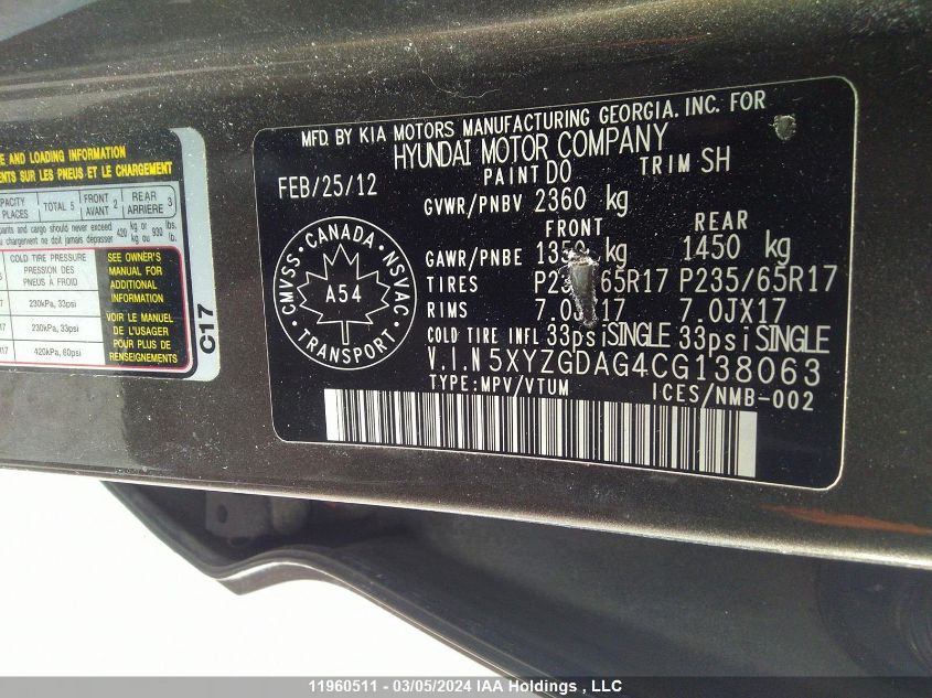 2012 Hyundai Santa Fe VIN: 5XYZGDAG4CG138063 Lot: 11960511