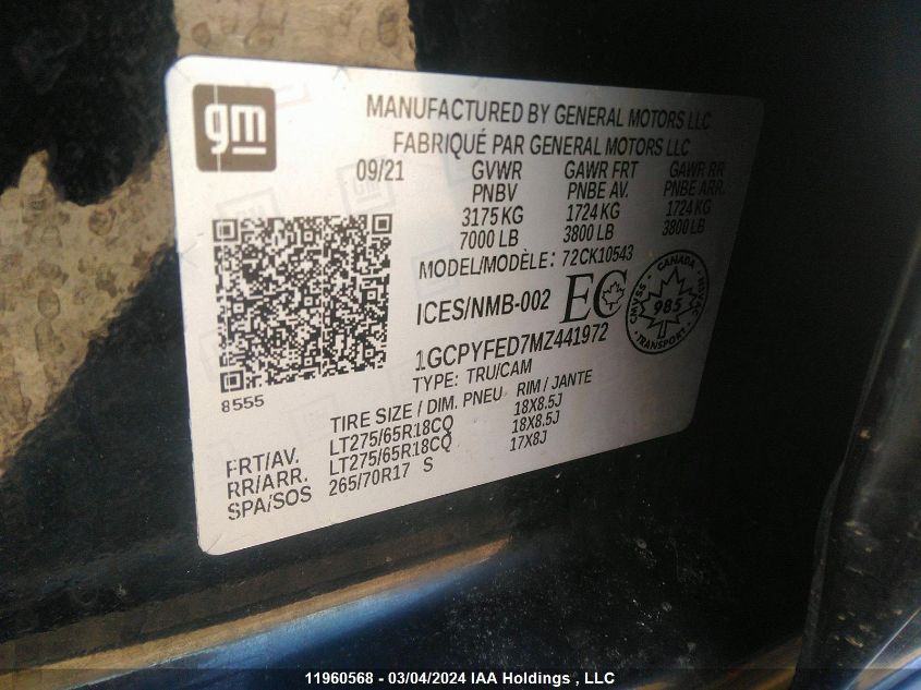 2021 Chevrolet Silverado 1500 VIN: 1GCPYFED7MZ441972 Lot: 11960568