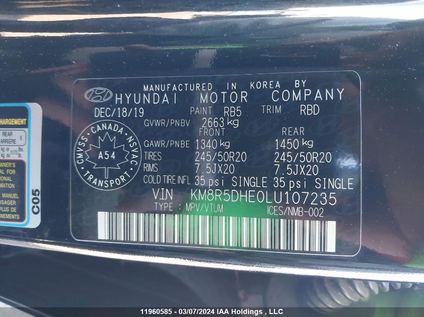 2020 Hyundai Palisade Limited VIN: KM8R5DHE0LU107235 Lot: 11960585