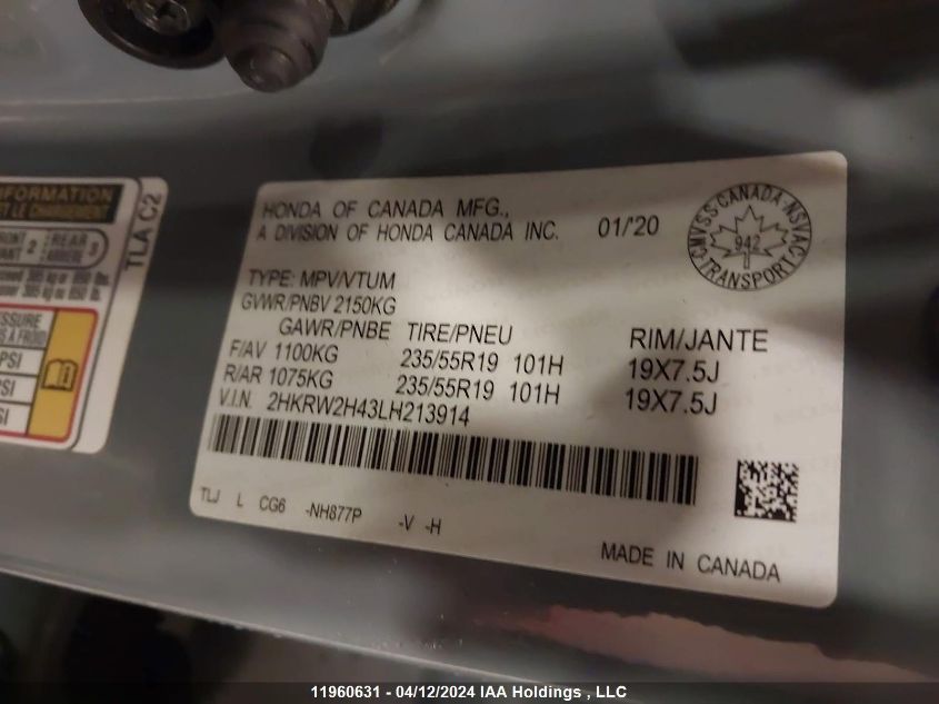 2020 Honda Cr-V VIN: 2HKRW2H43LH213914 Lot: 11960631