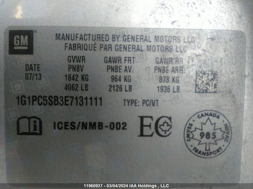 2014 Chevrolet Cruze VIN: 1G1PC5SB3E7131111 Lot: 11960927