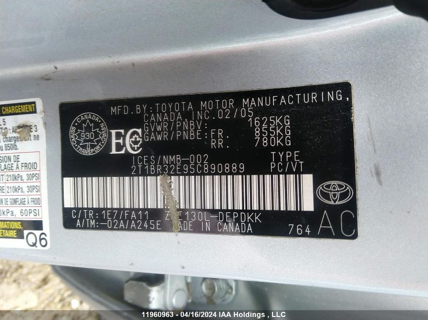 2005 Toyota Corolla VIN: 2T1BR32E95C890889 Lot: 11960963