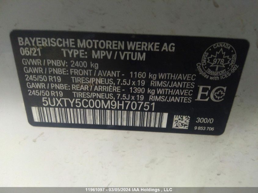 2021 BMW X3 VIN: 5UXTY5C00M9H70751 Lot: 11961097