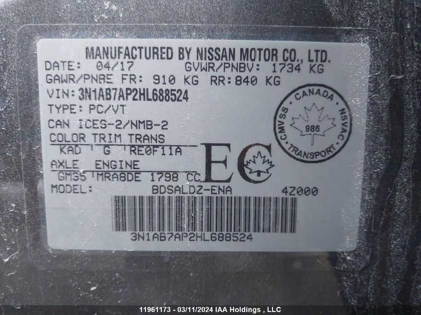 2017 Nissan Sentra VIN: 3N1AB7AP2HL688524 Lot: 11961173