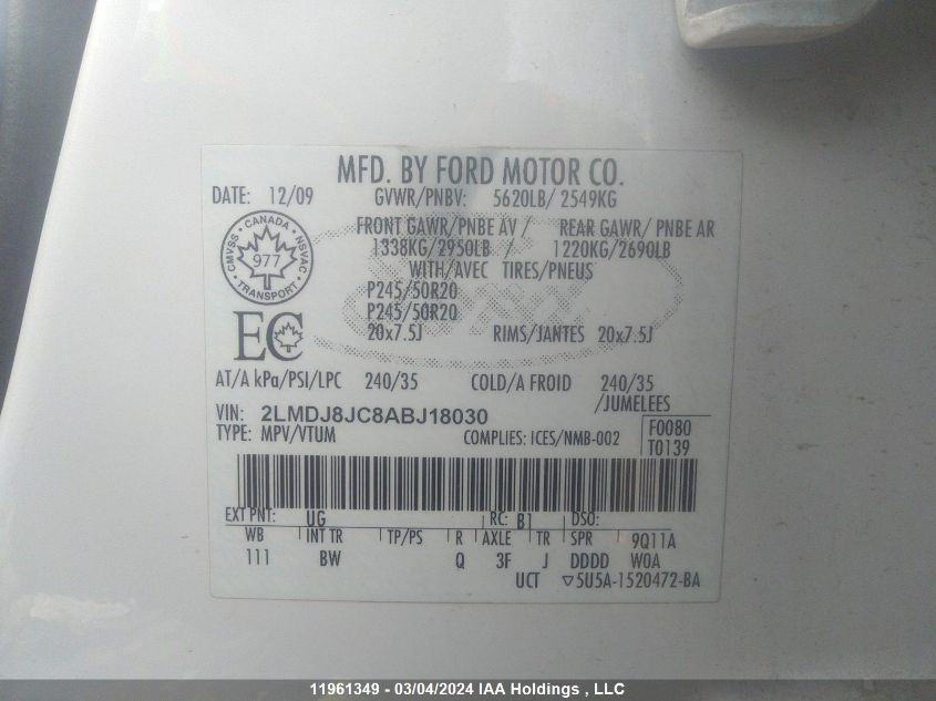 2010 Lincoln Mkx VIN: 2LMDJ8JC8ABJ18030 Lot: 11961349