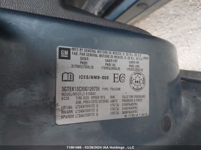2009 GMC Sierra 1500 Sl/Work Truck VIN: 3GTEK13C89G126739 Lot: 11961466