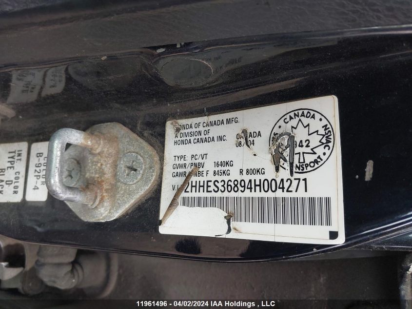 2004 Acura El VIN: 2HHES36894H004271 Lot: 11961496