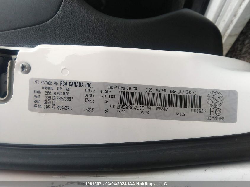 2020 Dodge Grand Caravan Sxt VIN: 2C4RDGCG9LR221376 Lot: 11961507