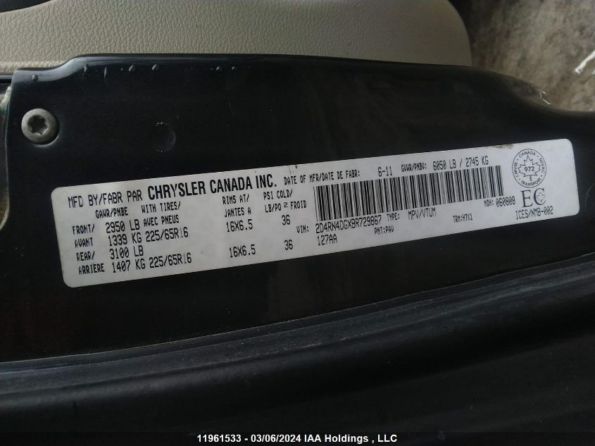 2011 Dodge Grand Caravan Se/Sxt VIN: 2D4RN4DGXBR729867 Lot: 11961533