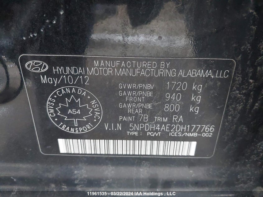 2013 Hyundai Elantra Gls VIN: 5NPDH4AE2DH177766 Lot: 11961535